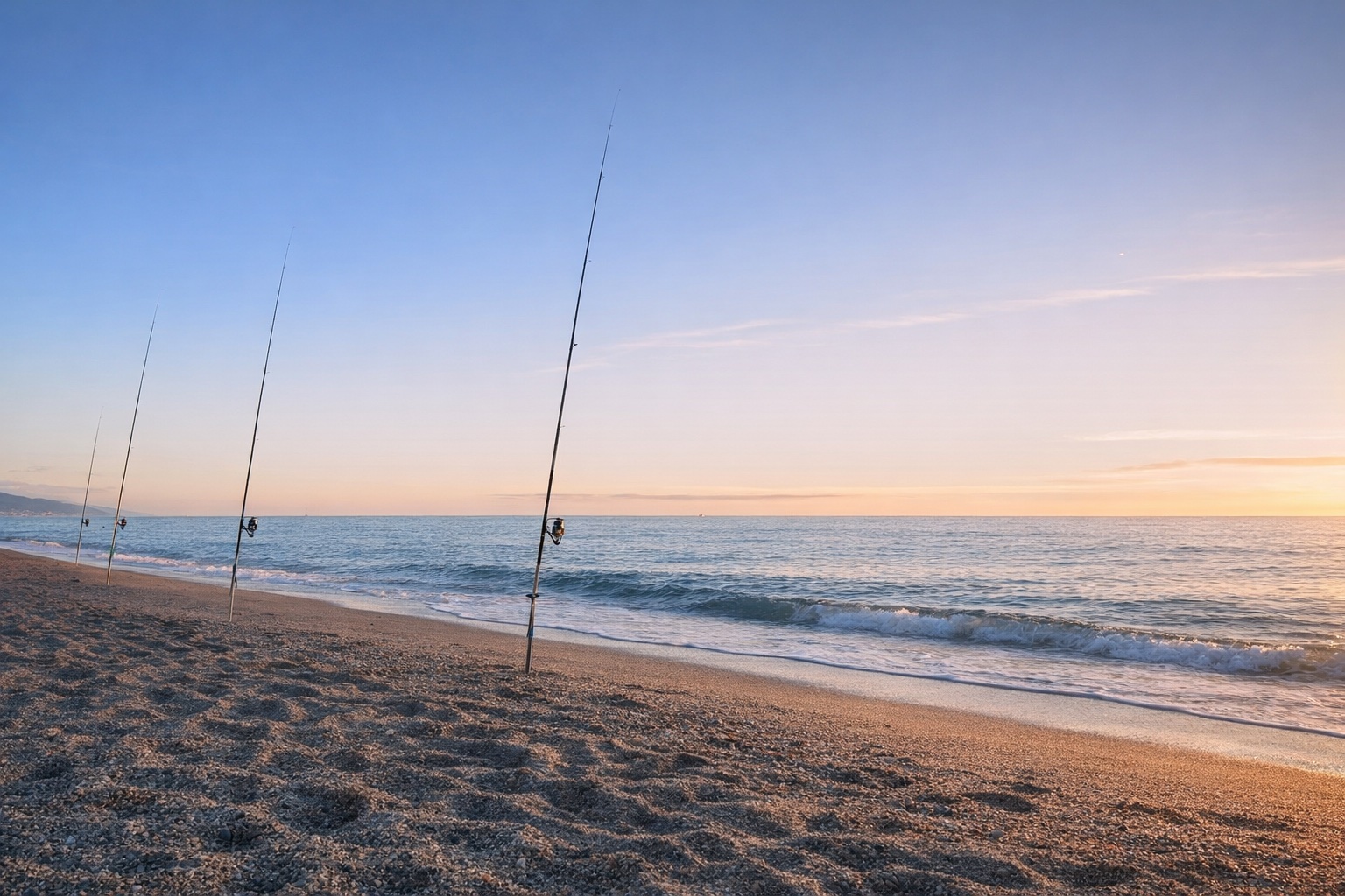 Surfcasting all'alba in Liguria con canne piantate sulla spiaggia
